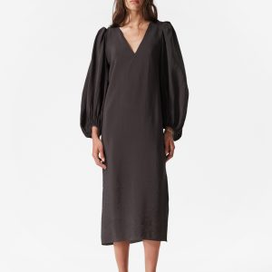 Puff-Sleeve V-Neck Midi Dress