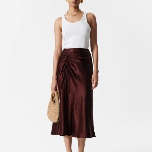 Drawstring Satin Midi Skirt