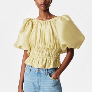 Ruched Balloon-Sleeve Blouse