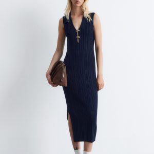 Rib-Knit Collared Midi Dress