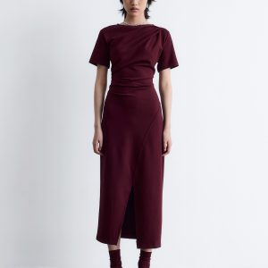 Draped Short-Sleeve Midi Dress