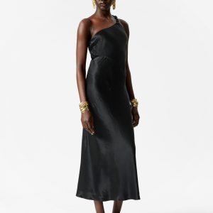 One-Shoulder Satin Midi Dress