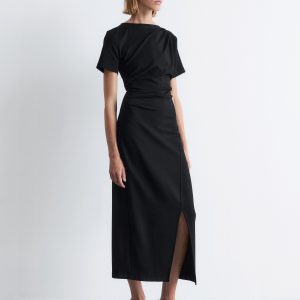 Draped Short-Sleeve Midi Dress