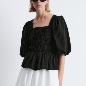Smocked Puff-Sleeve Blouse