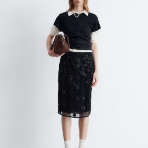 Floral-Appliqué Mesh Midi Skirt