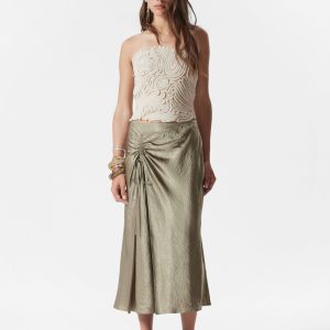 Drawstring Satin Midi Skirt