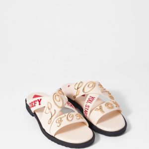 Text-Print Leather Sandals